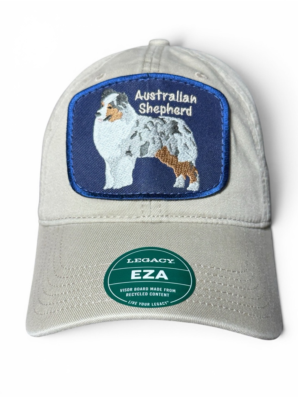 Legacy EZA Australia Shepherd Dog Patch Hat Khaki Strap Back Unisex P&P Co NWT
